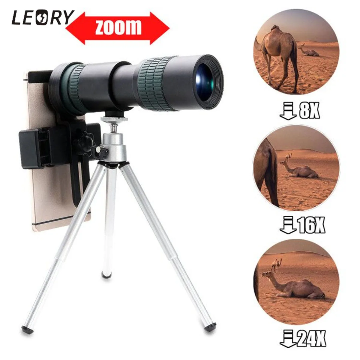 

Universal 8-24X Optical Zoom Lens Monocular Telephoto Telescope Camera Lens with Phone Holder Clip Mount Tripod for Smartphones
