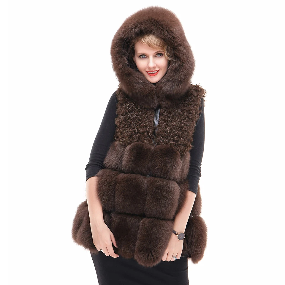 Women Genuine Fur Coat Real Lamb & Fox Fur Vest Winter Ladies Jacket