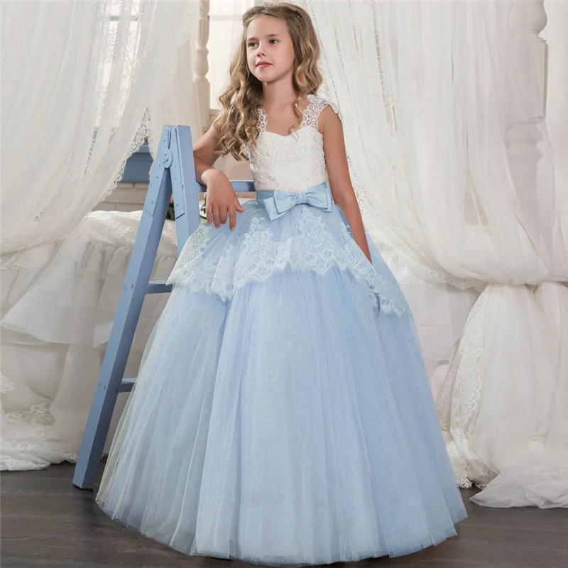 

Flower Girl Dresses With Bow Sling Lace Up Applique Ball Gown First Communion Dress for Girls Vestidos Longo Trailing dress