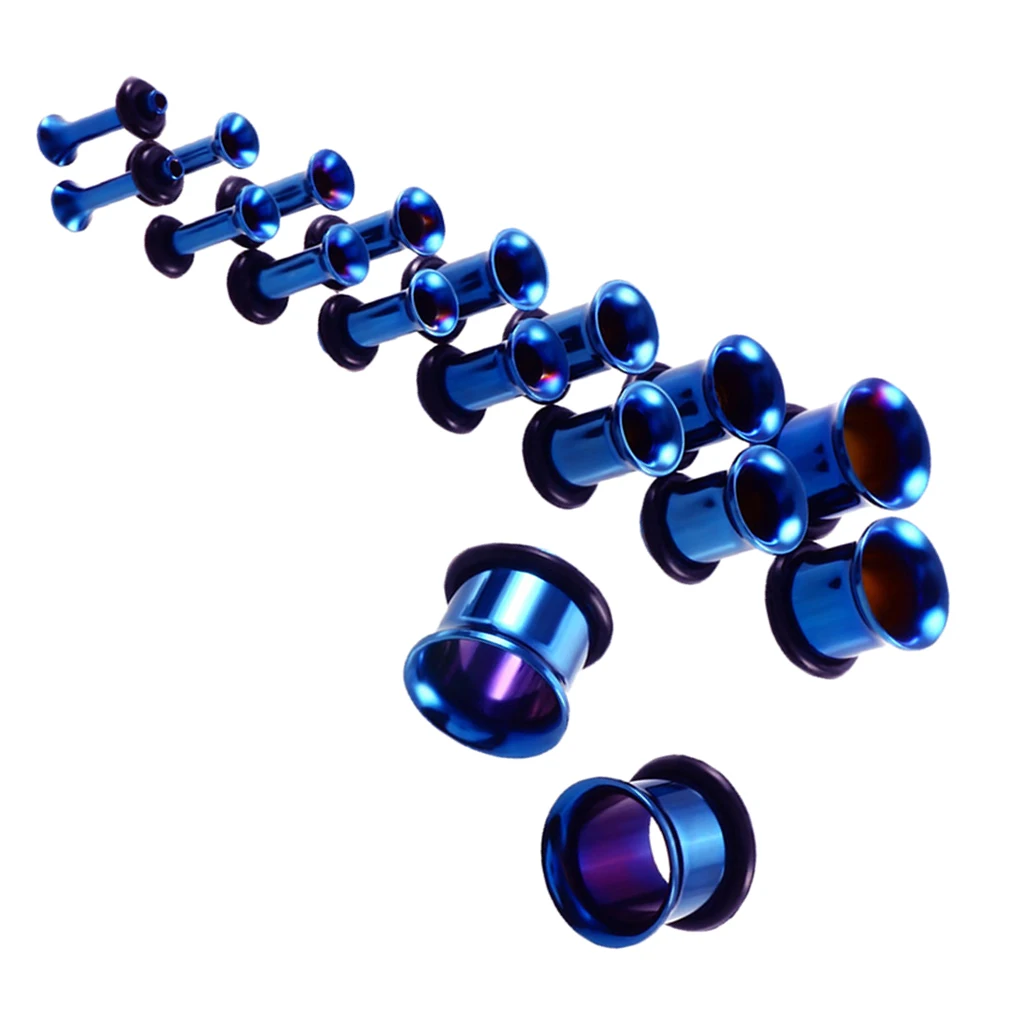 MagiDeal 18pcs/Pack 14G-00G Kit Assorted Stainless Steel Ear Plug Stretching Kit Single Flared with Rubber O-ring