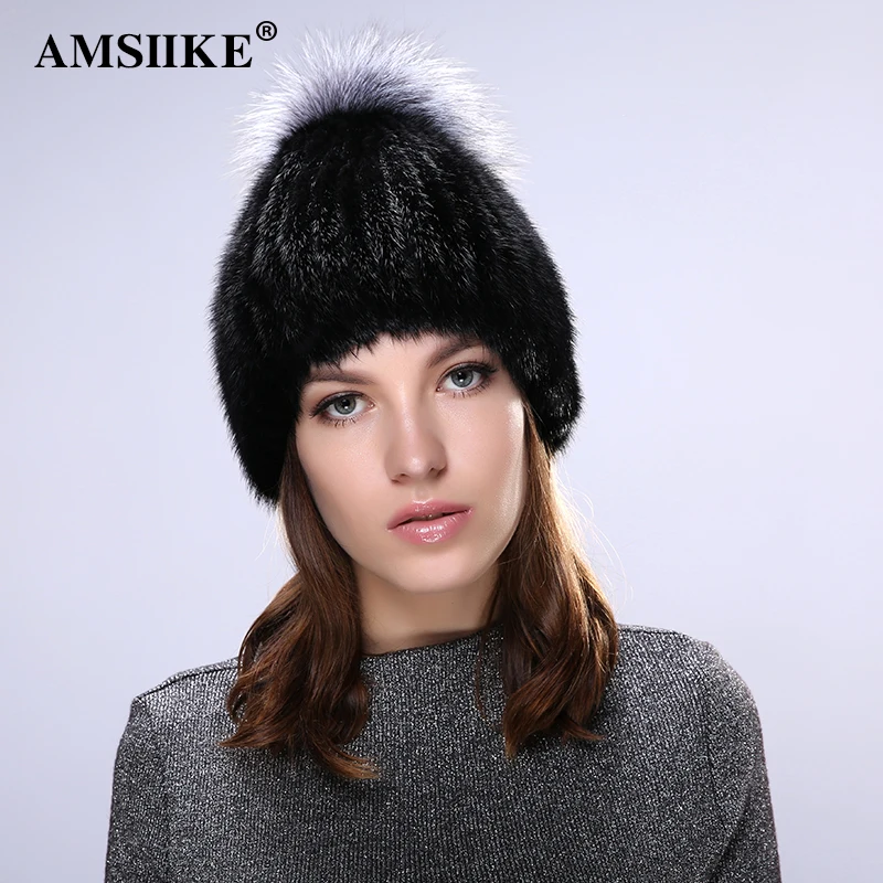 AMSIIKE женские шапки 2019 натуральный мех норки с серебряной лисой меховая шапка