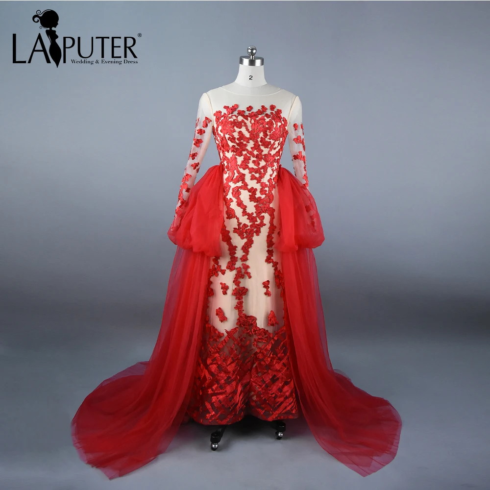 Real Photos Sheer O-neck Tulle Red Evening Dress with Puffy Removable Skirt Lace Applique Floor Length Prom Party Arabic | Свадьбы и