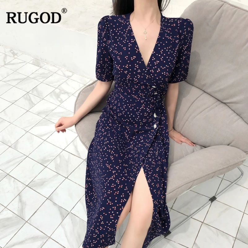 RUGOD новое летнее винтажное сексуальное офисное женское стильное популярное платье на одной пуговице с v-образным вырезом в горошек с коротким рукавом элегантное женское платье с высокой талией