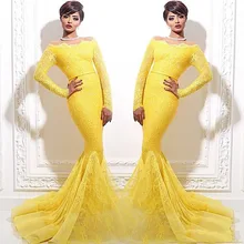 Shiny Sexy Gelb Pailletten Spitze Meerjungfrau Prom Dresses Long Sleeves dünne Lange Abendkleider Vestido De Desta Longo Lange Party kleid
