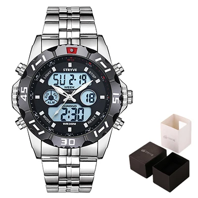 black with box Бренд Stryve, роскошные Брендовые мужские спортивные часы, водонепроницаемый светодиодный, кварцевые, двойной дисплей, военные мужские цифровые часы из нержавеющей стали - Цвет: black with box