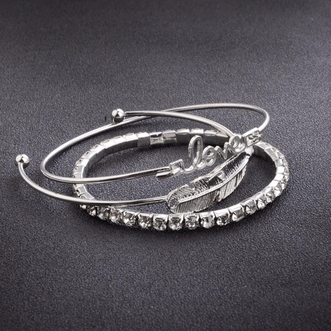 3pcs/Set Women Leaf Feather Love Crystal Rhinestone Open Bangle Bracelets