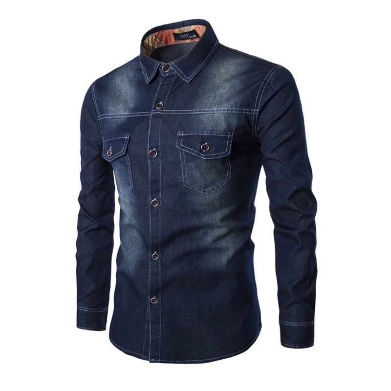 Рубашка мужская джинсовая с длинным рукавом х/б однотонная|chemise homme|casual chemisemale