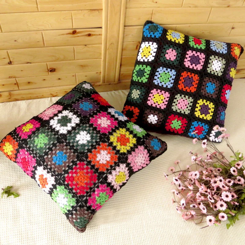 

Vintage Style Hand-Made Crocheted Floral Knitting Cushion Cover Cotton Colorful Patchwork Decorative Sofa Home Bar Pillowcases