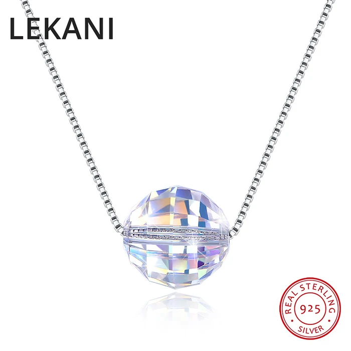 LEKANI 925 серебряные ювелирные изделия красочные шарики бусины кристаллы от подвеска Сваровски ожерелье простая цепочка ожерелье для женщин подарок - Цвет камня: Crystal AB