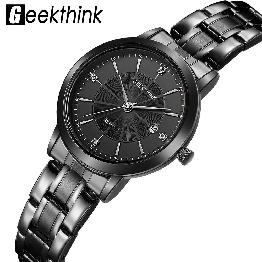 GEEKTHINK Топ люксовый бренд Черный Нержавеющая сталь кварцевые часы Женское платье женские наручные часы подарок для влюбленных женские часы