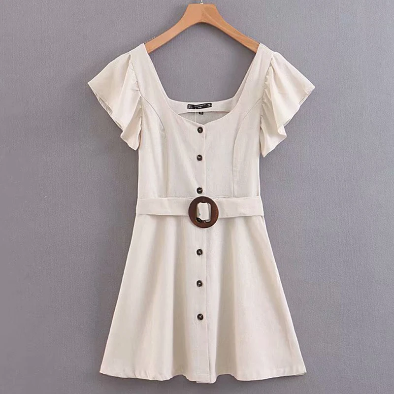 Women's Clothing Dress 2019 Square Collar Ring Belt Short Sleeve Dress Ms Summer Street Sexy Slim Fit Trend Fashion Clothing