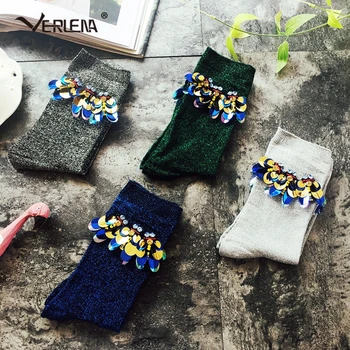 

String of Sequins Attached Lame Sheen Socks Women Spring Winter Korean Streetwear Novelty Cute Pile Socks Pairing VERLENA 2019