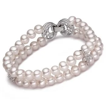 

New Double layer pearl bracelets Two rows natural pearl nearround bracelet Freshwater handmade bracelets High-grade alloy buckle