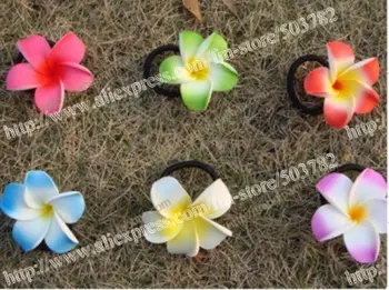 

free shipping 90pcs Hawaiian foam Plumeria Flower ponytail holder mix color hair bows