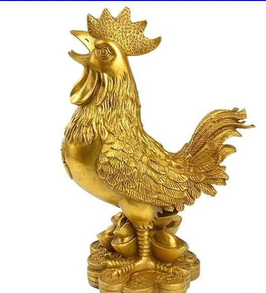 

China Brass Copper Folk Zodiac Wealth Money Yuanbao Chicken Cock Rooster Statue