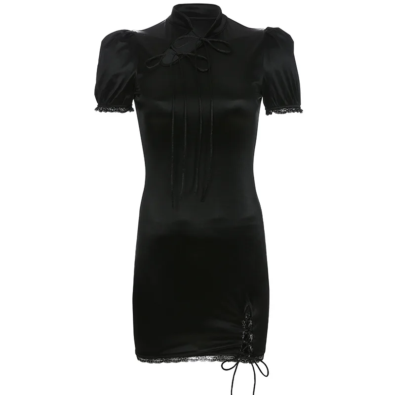 Женское черное платье, готическое панк Бандажное Открытое платье, китайское Cheongsam Harajuku, сексуальное облегающее элегантное мини-платье, вечерние платья
