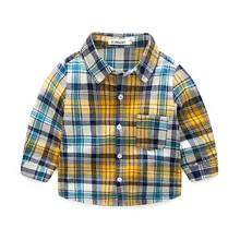 Осенняя клетчатая желтая хлопковая рубашка с длинными рукавами для маленьких мальчиков высококачественная повседневная одежда для джентльменов детская одежда верхняя одежда 17N1120