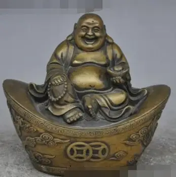 

Free shipping S00011 old Chinese buddhism bronze yuanbao dragon phoenix wealth Maitreya Buddha statue