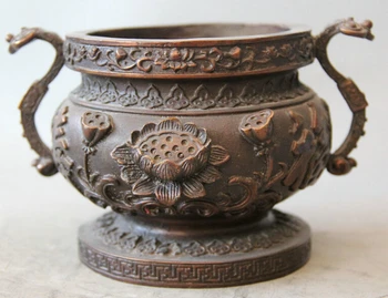 

song voge gem S2065 7" Chinese Bronze Fu Shou Ru Yi handle lotus flower root Incense Burner Censer