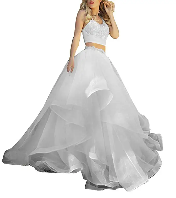 

2019 Spaghetti Straps Backless Beaded Ball Gown Two Pieces Ruffle Tulle Long Prom Dress Vestidos De Gala