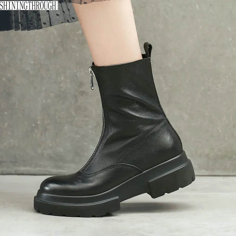 

Genuine leather zipper women boots square heels platform women motorcycle shoes punk handsome superstar ankle boots