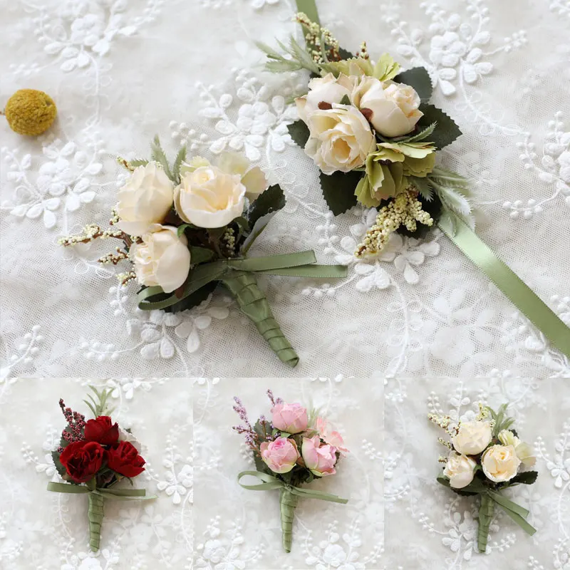 Button Hole Corsage Pin Groom Artificial Bridal Wedding Silk Rose 
