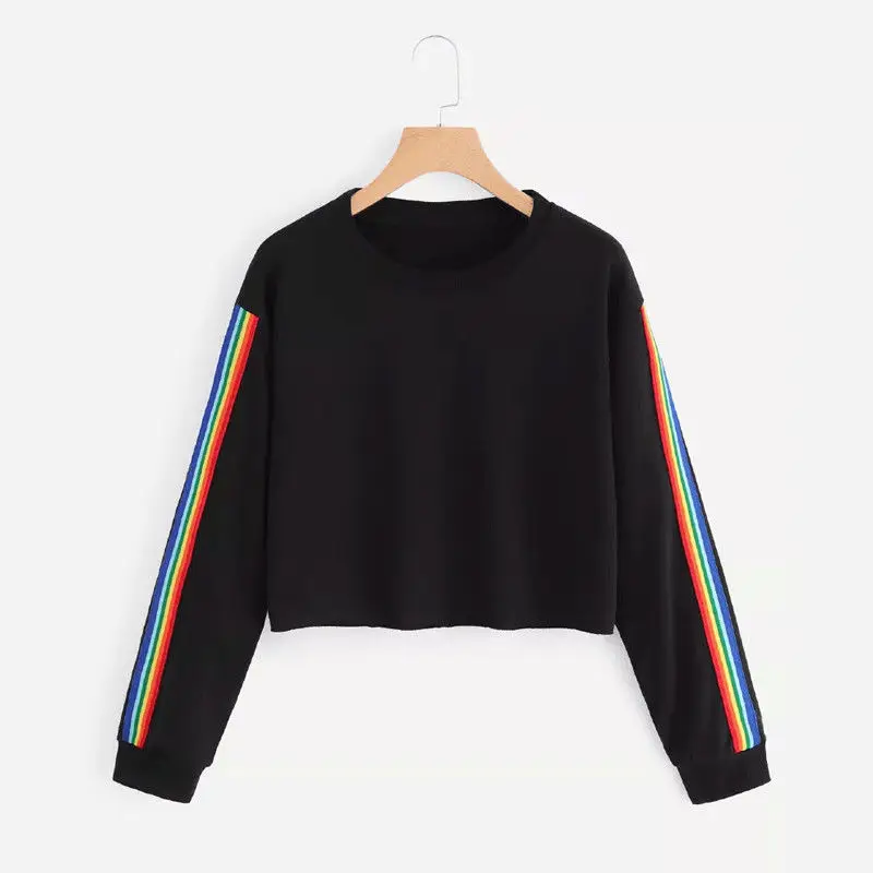 Brand 2019 New Women Spring Autumn Rainbow Stripe Cute Patchwork Long Sleeve Crew Neck Loose Crop Top Casual Short Hoodies