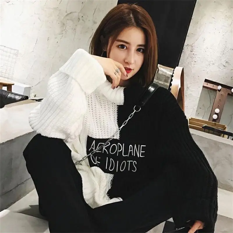 

Ulzzang retro style long knit sweater tops women winter Japanese Lolita style loose thick letter Stitching sweaters schoolgirl