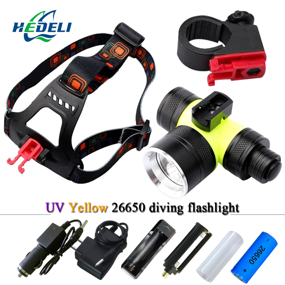 

lampe frontale diving headlamp Multifunctional yellow light UV lanterna Underwater headlight 18650 26650 waterproof Lamp Riding