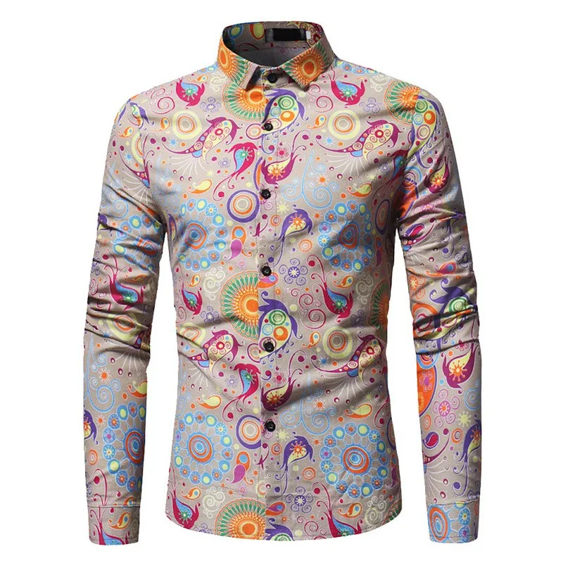 Laamei модная трендовая рубашка с цветочным принтом для мужчин, рубашки с цветочным принтом, брендовая одежда, повседневные деловые Гавайские рубашки с длинными рукавами, осень - Цвет: khaki