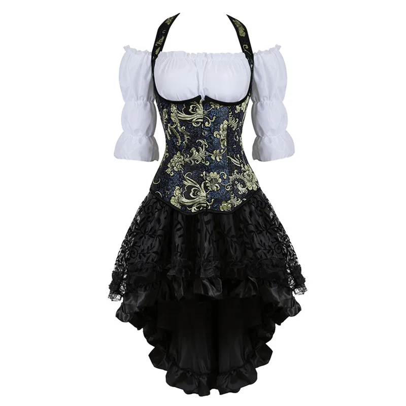 

Steampunk Corset Dress Embroidery Bustiers Corset Dress Gothic Lingerie Corsetto Skirt Sets Burlesque Skirt Three-piece Outfits