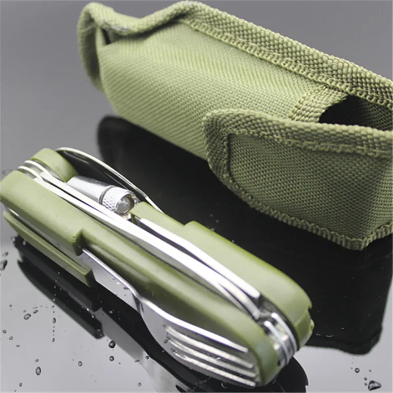 

Outdoor Tableware with LED light Stainless Folding Camping Tool Multi Function Dinnerware Fork/Spoon/Knife/ Bottle Opener Set