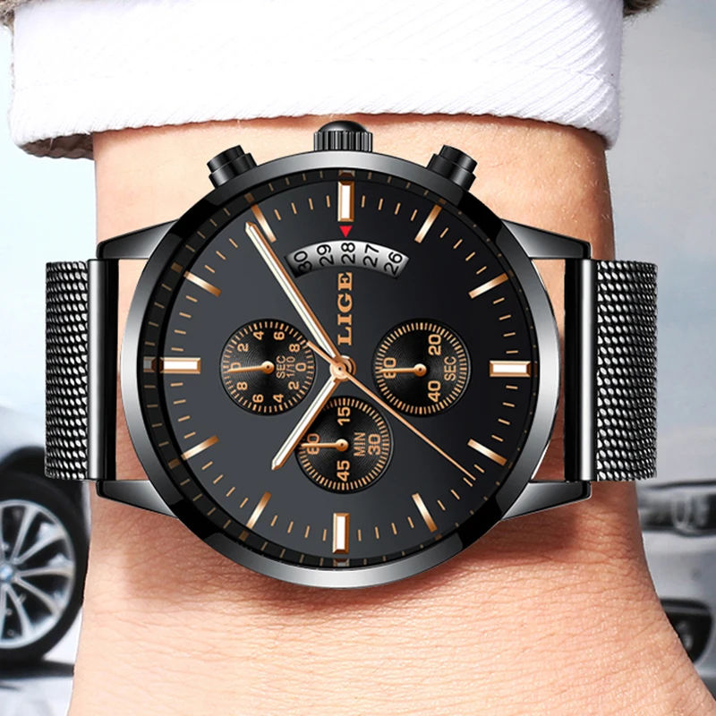 

LIGE Mens Watches Men's Military Sports Watch Men's Ultra-thin Steel Wire Mesh Waterproof Watch Men's Time Date Quartz Clock+Box