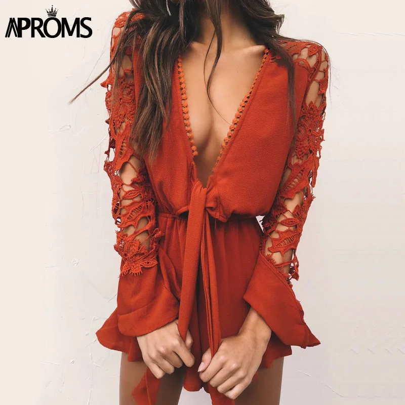 Aproms White Lace Crochet Long Sleeve Romper Jumpsuit Sexy