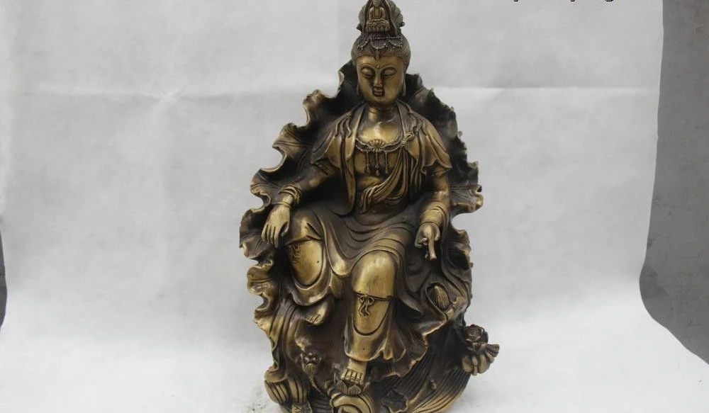 

18"Chinese Folk Pure Bronze excellent Lucky Sit lotus flower Kwan-Yin Statue