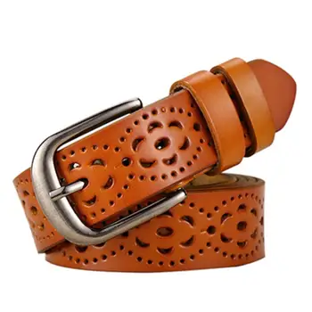 

2019 New Alloy Pin Buckle Genuine Cow Leather Belt For Women Casual Embossing Hollow Belts Woman Brown Belts