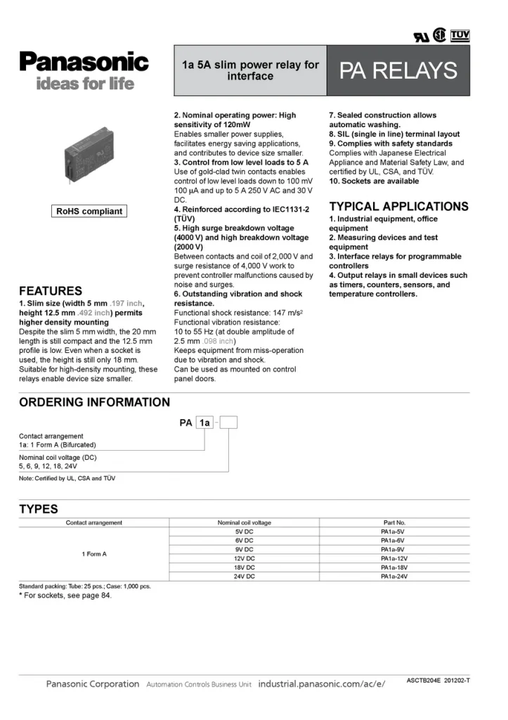 (2 шт/комплект) PA1A-12V 12vdc SPST 5 ампер тонкий Мощность реле