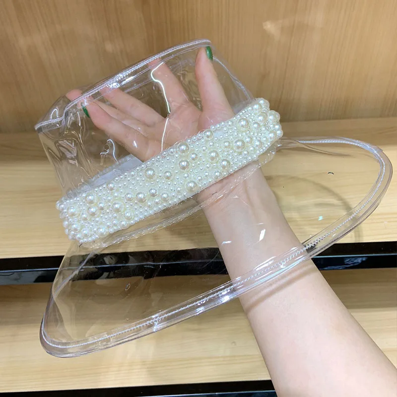 

New Fashion Translucent Pearls Band Women Bucket Hat Elegant Flat Sun Cap Wide Brim Summer Beach Hat Ladies Rain Cap Adjustable