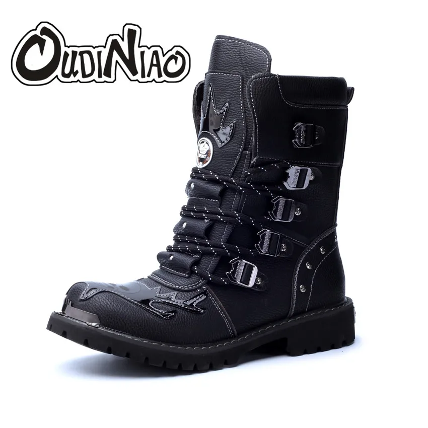 

OUDINIAO Boots Men Military PU Combat Boots Metal Skull Male Motorcycle Punk Boots Men's Shoes Rock Mid Calf