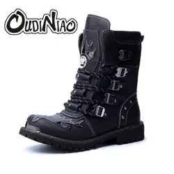 OUDINIAO/мужские армейские ботинки из искусственной кожи с металлическим черепом, мужские мотоциклетные ботинки в стиле панк, мужская обувь до