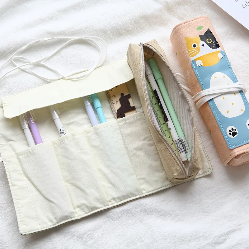 

Cute Roll up Pencil Bag Canvas Pen Curtain Dual purpose Creative Student Personality Pencil Bag Stationery Bag