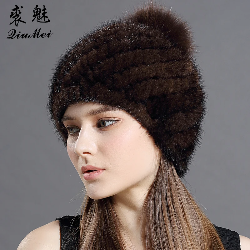 

Real Mink Fur Hat For Women New Brand Thicken Female Fur Caps Ladies Winter Knitted Mink Fur Beanies With Fox Fur Pompoms Hat