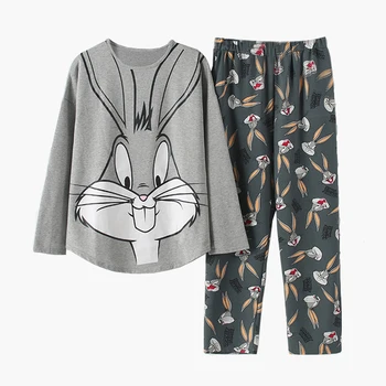 

Brand Spring Autumn Long Sleeved Cotton Women's Pajamas Set Cartoon Bugs Sleepwear Girls Pyjamas Mujer Lady Casual Home Clothing