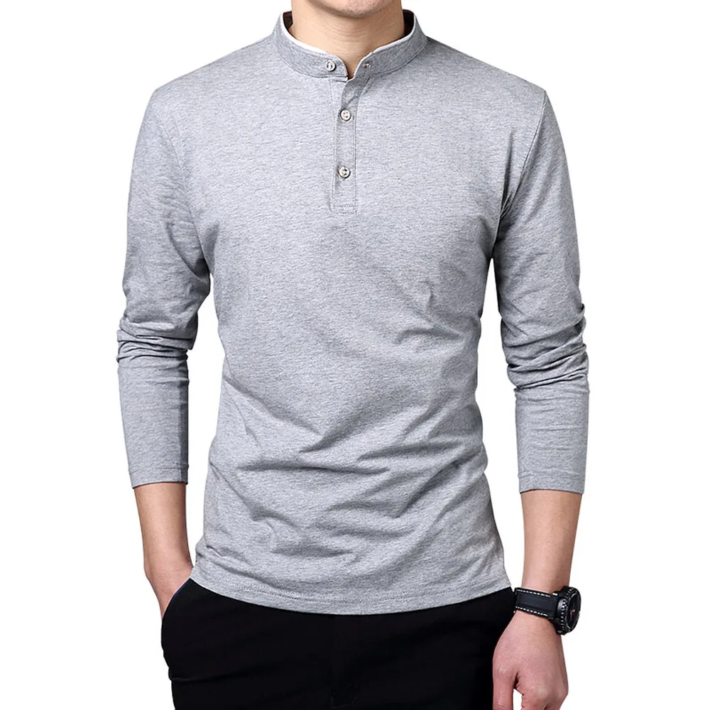 

2018 Spring Autumn T-shirt Clothes Men Cotton Long Sleeve Fashion Casual Blue Grey Slim Fit Solid Color Stand collar Top Tees