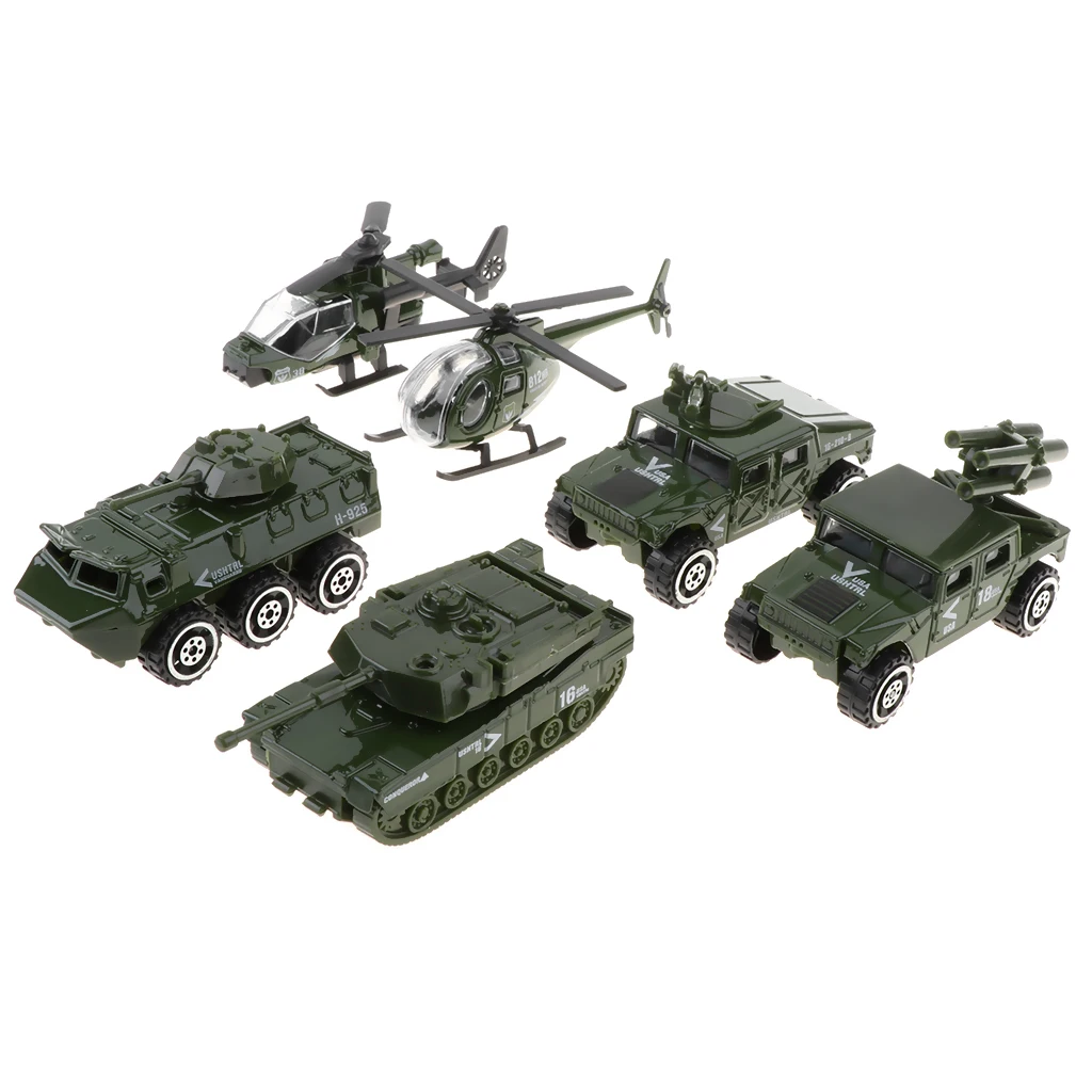 

6 pcs Metal Military Vehicle Models, 1/87 Mini Diecast Army Car Toys Set Helicopter Tank Jeep Armored Car for Kids Boys