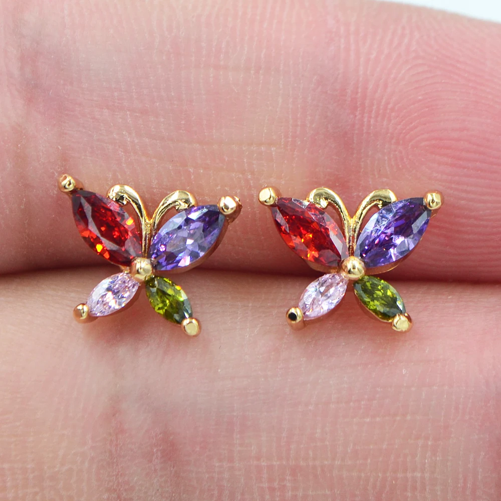 

Fashion Women Gold Color AAA+ Cubic Zirconia Cute Multicolor Flying Butterfly CZ Stud Earrings Jewelry