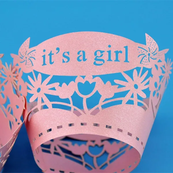 50pcs Laser Cut It's a Girl Cupcake Wrapper Filigree Vine Wrap Collars Cups Liner Baby Shower