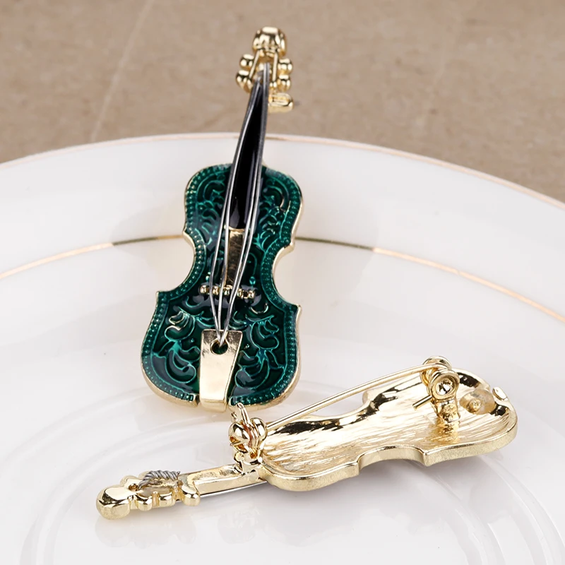 Amorcome Elegant Violin Shaped Enamel Brooches For Women Party Wedding Musical Instruments Gold Color Metal Pin Brooch Jewelry