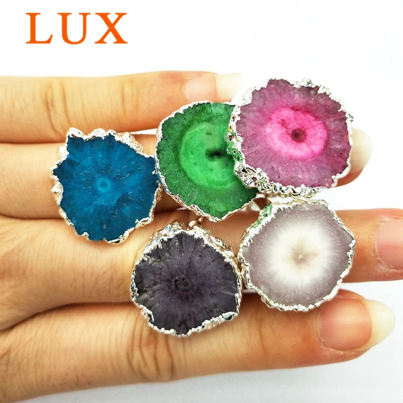 

Natural Multi Rainbow Solar Quartz silver Plated Jewelry Ring druzy Women Ring sun flower crystal drusy charms jewelry