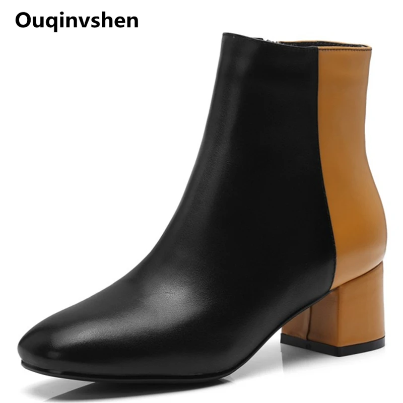 

Ouqinvshen Square Toe Mixed Colors Ankle Boot Concise Square Heels Zipper Shoes Women High Heel Genuine Leather Women Pumps 5CM